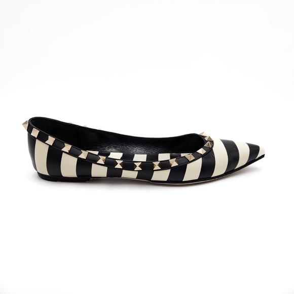 Valentino Garavani Rockstud Stripe Black White Pointed Toe Flats EU 38 - Picture 1 of 9